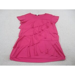 J lee Shirt Womens Large Pink Tiered Ruffle Short Sleeve Stretch Blouse Crewneck